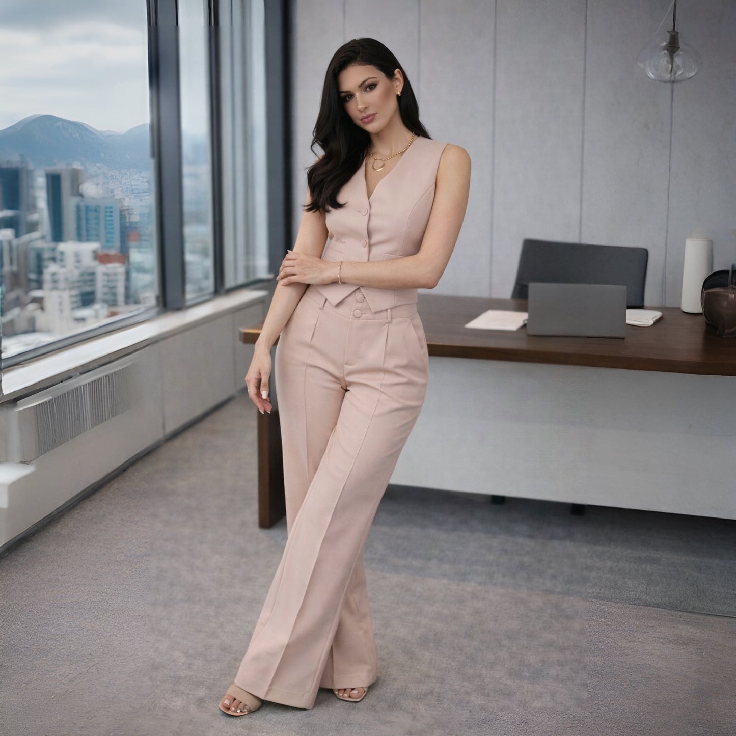 Conjunto Feminino Alfaiataria Louis Twill Premium – Colete e Calça Pantalona Social Elegante