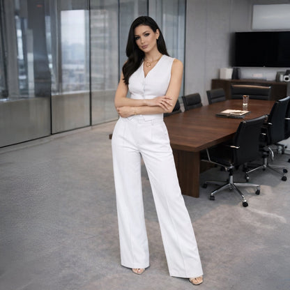 Conjunto Feminino Alfaiataria Louis Twill Premium – Colete e Calça Pantalona Social Elegante