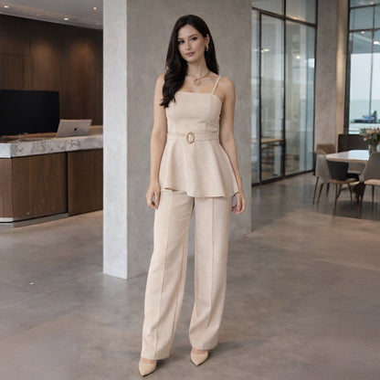 Conjunto Feminino Alfaiataria Peplum com Cinto Dourado – Calça Pantalona Elegante Social