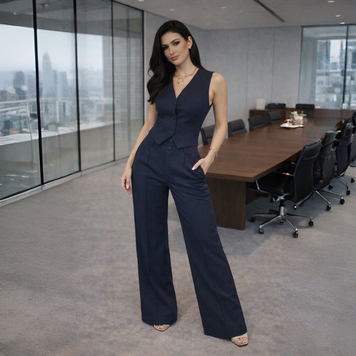 Conjunto Feminino Alfaiataria Louis Twill Premium – Colete e Calça Pantalona Social Elegante