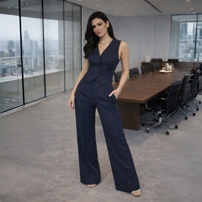 Conjunto Feminino Alfaiataria Louis Twill Premium – Colete e Calça Pantalona Social Elegante