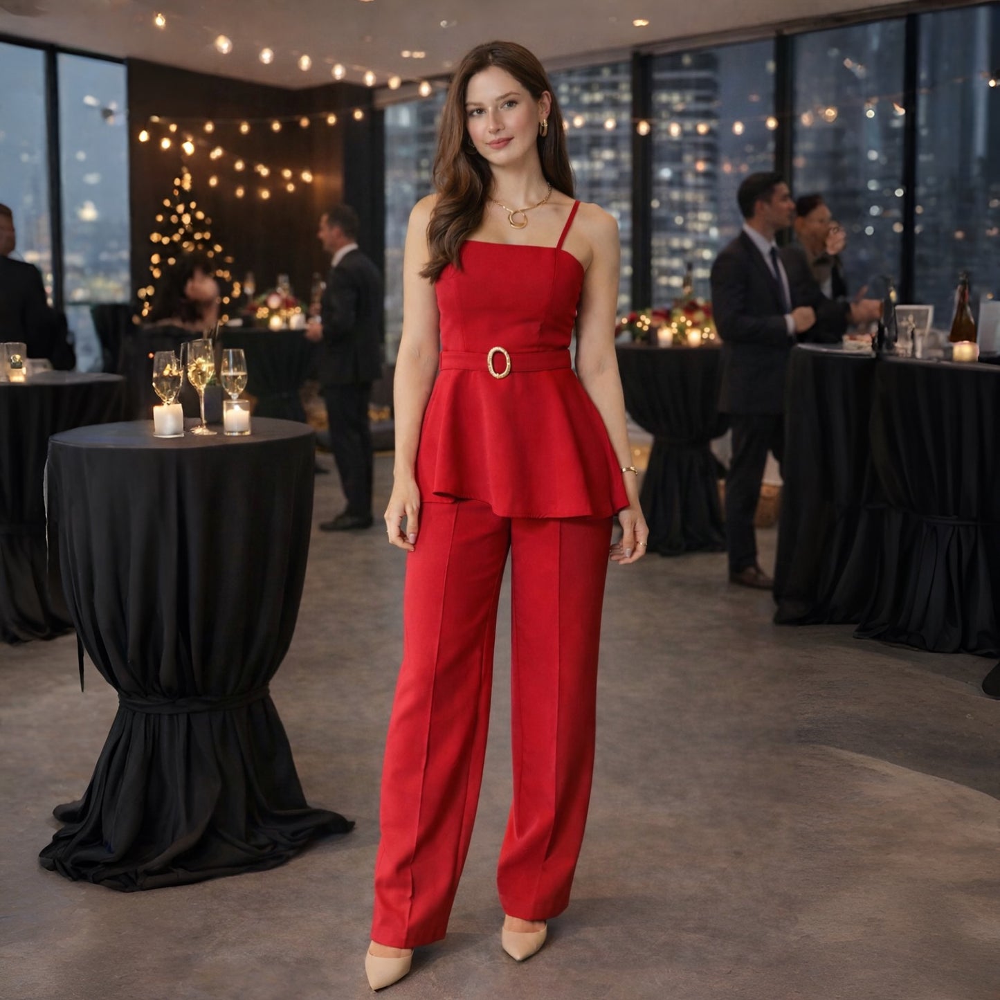 Conjunto Feminino Alfaiataria Peplum com Cinto Dourado – Calça Pantalona Elegante Social