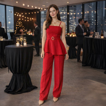 Conjunto Feminino Alfaiataria Peplum com Cinto Dourado – Calça Pantalona Elegante Social