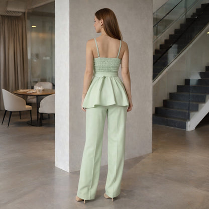 Conjunto Feminino Alfaiataria Peplum com Cinto Dourado – Calça Pantalona Elegante Social