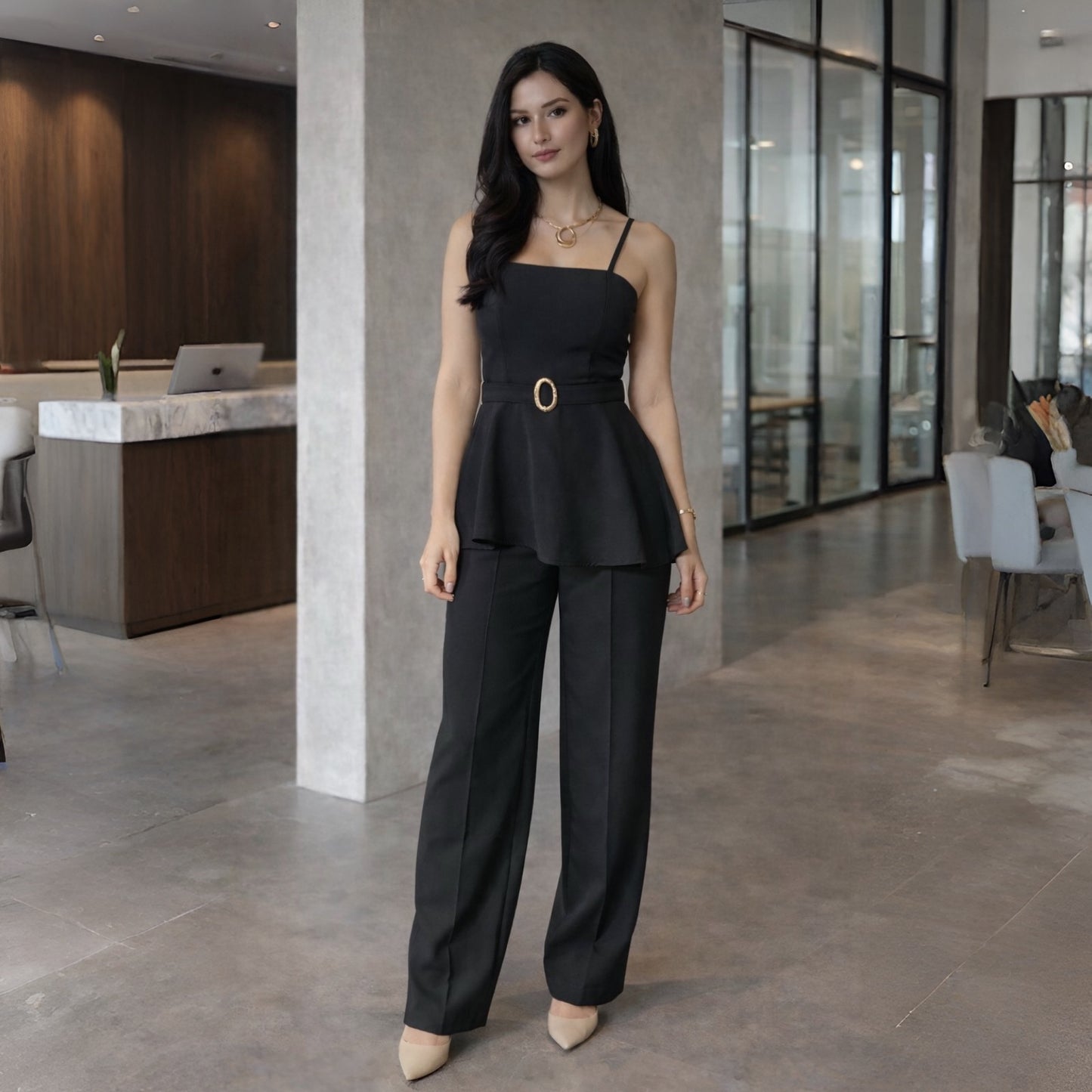 Conjunto Feminino Alfaiataria Peplum com Cinto Dourado – Calça Pantalona Elegante Social