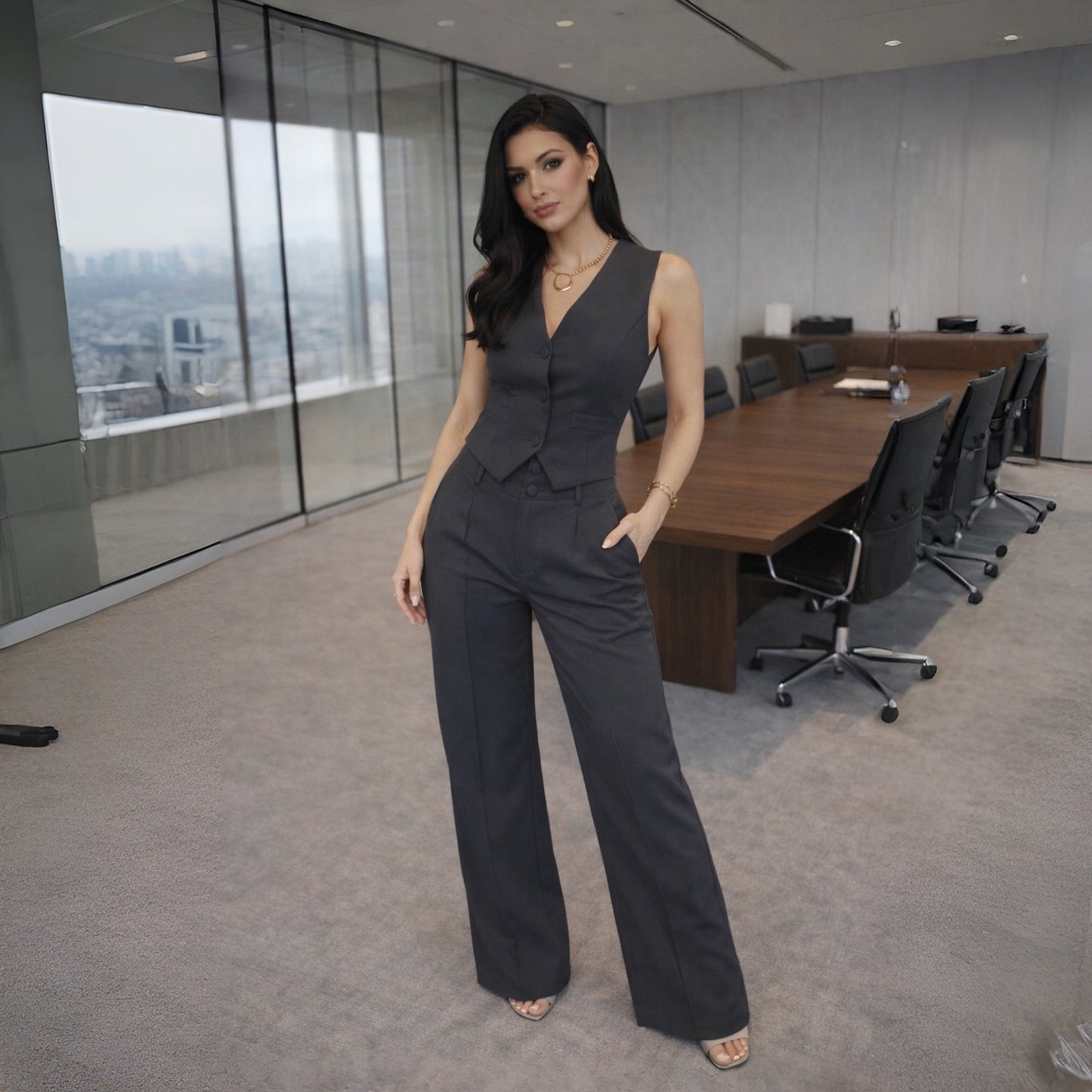 Conjunto Feminino Alfaiataria Louis Twill Premium – Colete e Calça Pantalona Social Elegante